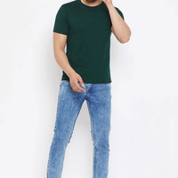 T-shirt décontracté à manches courtes pour homme, col rond, 100 % coton respirant, vert foncé uni, avec logo tricoté sur le devant – Fabricant en gros