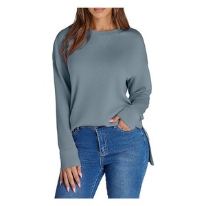 2025 Custom High Quality Embroidery Private Logo Crewneck Sweatshirt for Women Winter Short <b>Split</b> Hem Tops with Solid Pattern - Product Image 6