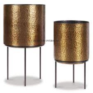 Maceta de forma redonda de metal resistente con recubrimiento en polvo de Color blanco con soporte chapado en oro de diseñador único en precio competitivo - Product Image 6