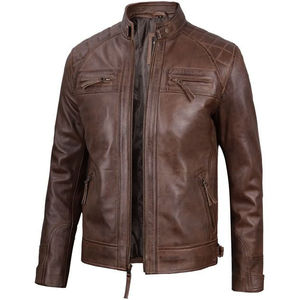 Chaqueta de Motociclista para Hombre, de Piel de Oveja Auténtica, con Cierre, Estilo Gatsby, Color Marrón, Ecológica, Resistente al Viento, Forro Acolchado Marrón, Logotipo Frontal - Product Image 1