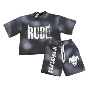 Conjunto de Verano Unisex de Algodón 100% con Pantalones Cortos Casuales de Hombre con Pedrería y Camiseta Oversize con Logo Desgastado y Lavado Ácido 2025 - Product Image 1