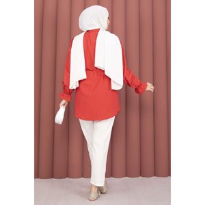 Chemise Rouge Chic Décontractée à Lacets avec Détail Fisto en Tissu Popeline Satinée Tricotée, Tissée Quotidienne, Taille XL pour Printemps/Été - Product Image 6
