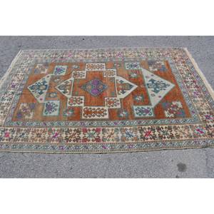 Alfombra turca vintage clásica naranja azul 4,8x7,7 pies Patchwork rectángulo lana poliéster látex respaldo para sala de estar dormitorio - Product Image 3