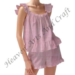 Ensemble de pyjama en coton à imprimé floral bohème pour femmes printemps/été ensemble de pyjama à bretelles ajustées à volants à bretelles - Product Image 1