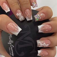 Faux ongles carrés courts à presser, 24 pièces, French Manucure, motif fleur blanche avec étoile, faux ongles scintillants, luxe