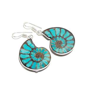 Boucles d'oreilles pendantes en argent sterling 925 pour femmes, mariage, cristal bleu ammonite, forme fantaisie, faites à la main, Silvercrowninc - Product Image 2