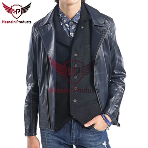 Chaqueta de Cuero Azul Auténtico para Hombre, con Cierre Asimétrico, Hombros Acolchados, Estilo Motero, Personalizada en Azul Marino Oscuro, Ropa de Invierno - Product Image 2