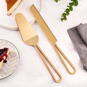 Serveur à gâteau en acier inoxydable doré design, élégant ensemble de spatule et de couteau à dessert en métal pour la vaisselle moderne et la décoration de la maison - Product Image 5