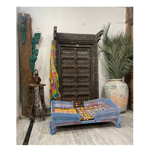 Direct du fabricant indien fait à la main Design indien sculpté bleu détresse coffre Damchiya vraiment indien produit de qualité supérieure - Product Image 3