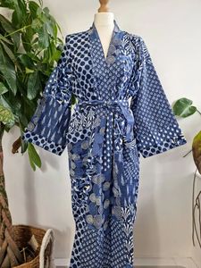Kimono de spa de maternidad de algodón puro azul índigo hasta el suelo bata de casa cómoda cubierta de playa para nueva mamá papá patchwork blanco - Product Image 4