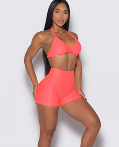 ชุดออกกำลังกายขาสั้นเอวสูงสำหรับผู้หญิงชุดออกกำลังกายเล่นฟิตเนส2ชิ้นสีชมพูนีออนออกแบบได้ตามต้องการ - Product Image 6