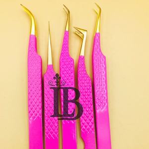 Pinces à épiler roses de qualité supérieure, pinces à épiler pour extensions de cils, pinces à épiler pour cils de vison, acier inoxydable, pointe dorée, volume russe, logo personnalisé, MOQ - Product Image 2