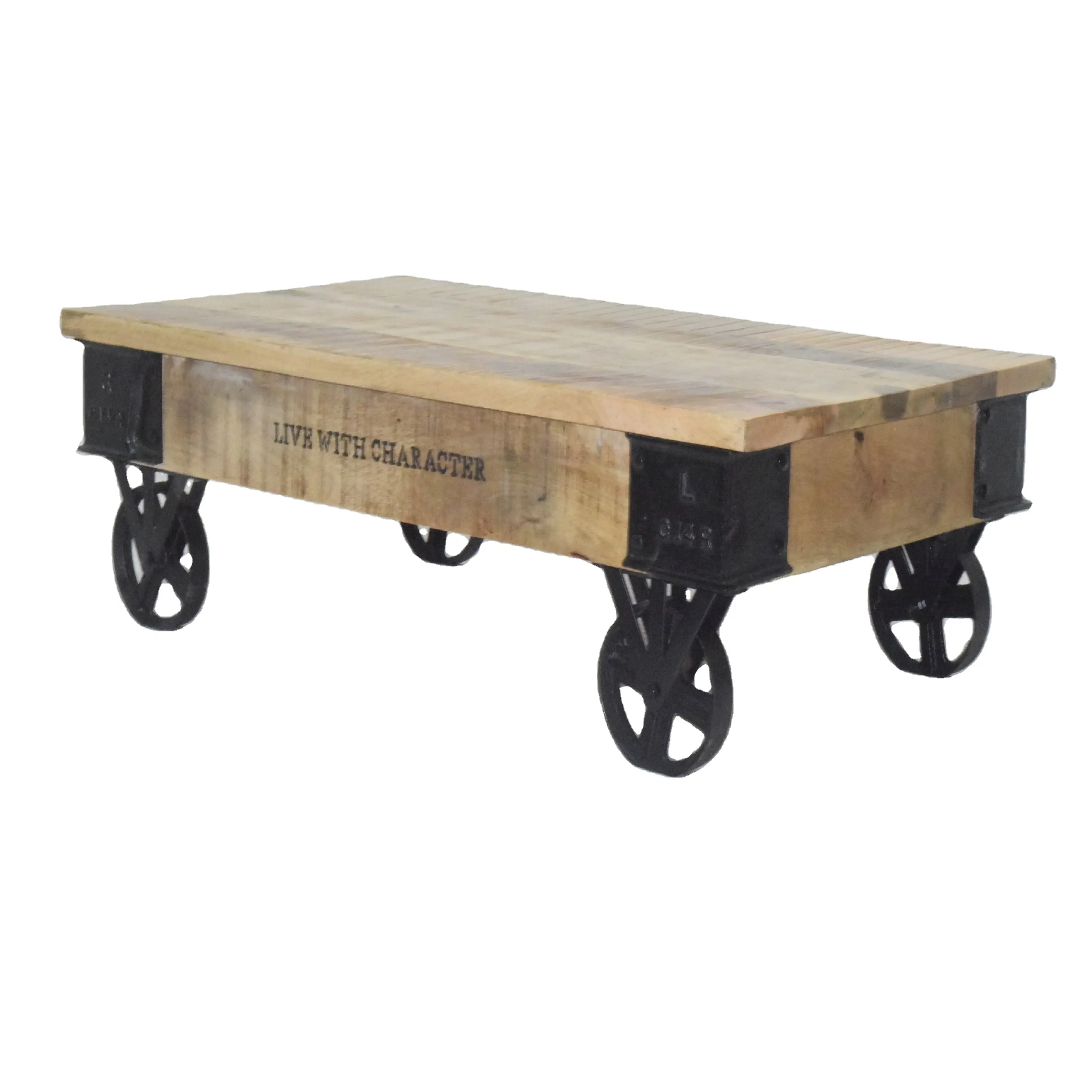 Offre spéciale de table basse en bois de manguier massif de style design industriel avec roues en fonte pour la maison, l'hôtel et le restaurant