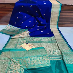 Turkuaz sınır ile koyu mavi Saree giyim tasarımcıları ve moda tarafından yeniden satış için özel yapılmış saf brokar ipek sarees