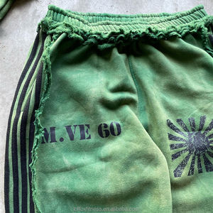 Sérigraphie personnalisée Rayures brodées Lavage vintage à double capuche Sweat à capuche court avec fermeture éclair Pantalon de survêtement Baggy à ourlet brut Survêtement - Product Image 4