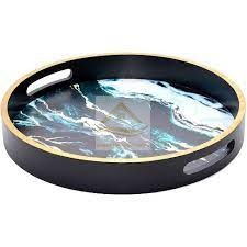 Bandeja de madera de forma redonda impresa a mano para servir comida, aperitivos, café y té, diseño de trabajo esmaltado, organizador de bandeja de estilo moderno - Product Image 4