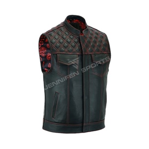 Gilet et veste sans manches en cuir pour homme, coupe diamant, best-seller, hiver, moto, poches avant, doublure intérieure en bandana - Product Image 1