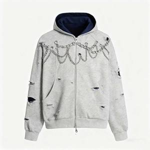 Fabrication de sweats à capuche unisexes à fermeture éclair, effet délavé à l'acide, streetwear, surdimensionnés, lourds, vintage, sweats à capuche vierges - Product Image 2