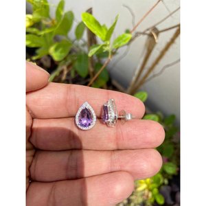 925 Sterling Silver Pear Shaped <b>Amethyst</b> <b>Stud</b> <b>Earrings</b> Water Drop Bezel Setting for Gift - Product Image 6