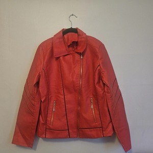 À la mode couleur unie mince belle veste en cuir rouge Blazer en cuir doux fermeture éclair Style coupe-vent tissé court automne - Product Image 6