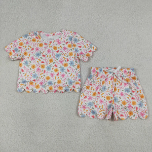 Baby Girls Short Sleeve Colorful Flowers Top with Scallop Shorts Cute Outfit Set for children - Product Image 1