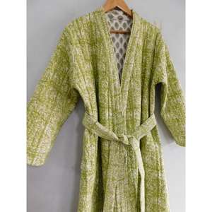 Albornoz de algodón acolchado Bloque Impreso Kimono Chaqueta Invierno Camisón largo Ropa de dormir suave Ropa de playa Traje de baño transpirable - Product Image 5