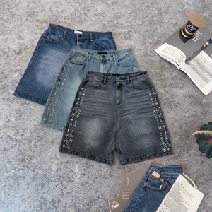Short en denim épais pour hommes personnalisé Jorts en cristal avec strass Braguette vintage à fermeture éclair 100% coton OEM Service tissé Mid - Product Image 2