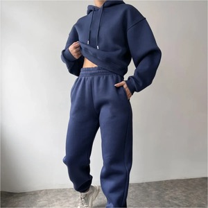 Custom 100% Organic Cotton Fleece Pullover Oversize Hoodies Women's Sets Wholesale Two Piece <b>Crop</b> Top Sweat Pants <b>Jogger</b> Set - Product Image 5