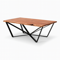Table à manger en bois d'acacia massif |   Base en métal moderne |   Ensemble de restaurant de style américain |   Mobilier pour usage commercial et extérieur