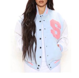 Vestes universitaires pour femmes OEM avec manches en cuir brodé en polyester et laine, veste de baseball boutonnée, veste d'hiver - Product Image 1