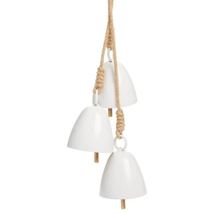 Glossy White Hanging <b>Bell</b> Trio With Jute Rope For Modern Home Decor And Clean Minimal Wall Accent Presentation - Product Image 1