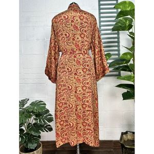 Boho Vintage <b>Silk</b> Sari Dressing Gown Recycled Robe Kimono Beach Cover-up Beige <b>Red</b> Bridesmaid Anniversary Swimsuit Cover Ups - Product Image 6