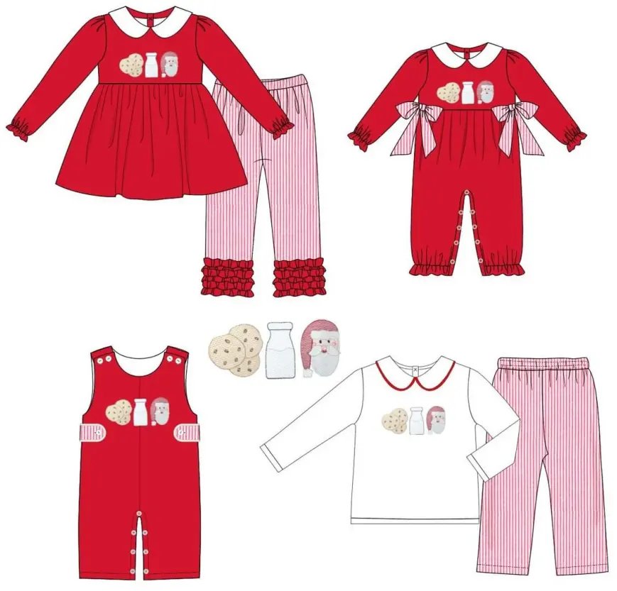 Boutique Weihnachten Kinderkleidung Plätzchen Milch Weihnachtsmann Stickerei Designs Mädchenkleidung Kleinkind Mädchen Junge Outfits Großhandel