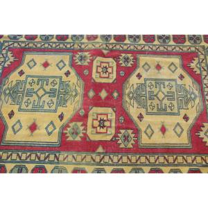 Vintage Turkish Rug, 4x5.3 ft Accent Rug, Red <b>Yellow</b> Oriental <b>Wool</b> Rug - Product Image 5