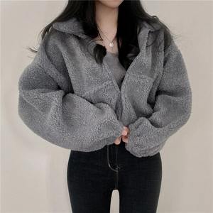 Women's Plus Size Plaid Stand-Collar Fleece Cardigan Autumn Winter Short Sweatshirt Thickened <b>Velvet</b> Japan Style - Product Image 2