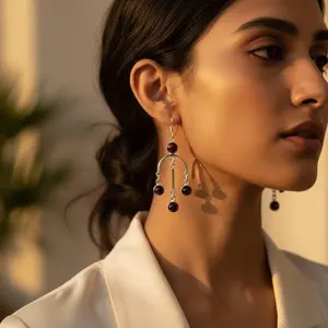 Boucles d'oreilles pendantes en argent 925 plaqué or 18 carats avec pendentif en grenat, boucles d'oreilles pendantes en or blanc pour femmes avec diamant et perle - Product Image 3