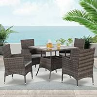 Ensemble de table et chaises rondes en rotin pour 4 personnes avec plateau en verre, design moderne, tissu imperméable, utilisation en extérieur