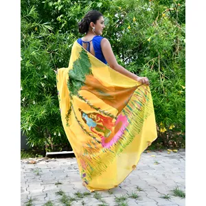 Sari Radhe Georgette Banarasi Amarillo, Sin Arrugas, de Secado Rápido, Largo Hasta el Suelo, Estilo Bollywood, para Bodas, Fiestas y Diwali - Product Image 2