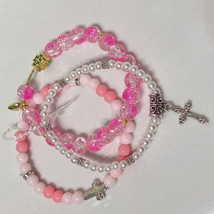Pink Beaded Rosary <b>Bracelet</b> <b>Set</b> With Pearl And Cross Charm For Women Catholic Religious Jewelry Gift - Product Image 1
