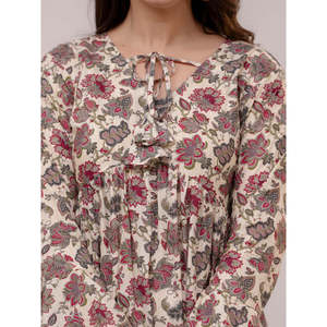 Tuniche a V in Cotone Beige Stampato con Balze per Donna, Eleganti e Casual per il Giorno o il Club, Design Personalizzato <span class=keywords><strong>Taglie</strong></span> <span class=keywords><strong>Forti</strong></span> con Caratteristica Traspirante - Product Image 5