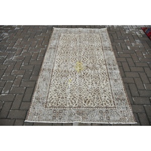 Vintage Accent Rug 3.8x6.2 ft (115x188 cm), Turkish <b>Brown</b> Striped <b>Wool</b> Rug - Product Image 1