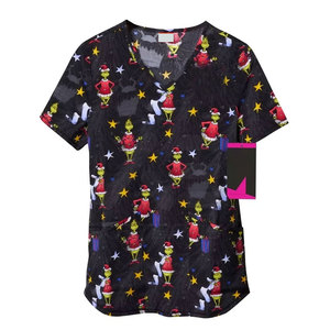 Women's Black Grinch Print <b>Scrub</b> <b>Top</b> 100% Cotton Woven V-Neck Short Sleeve Hospital Uniforms KATBROS INDUSTRY - Product Image 1