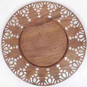 Assiette en bois d'acacia avec incrustation de nacre ronde, plat de service écologique, forme ovale, finition polie, cadeau d'affaires - Art indien - Product Image 2