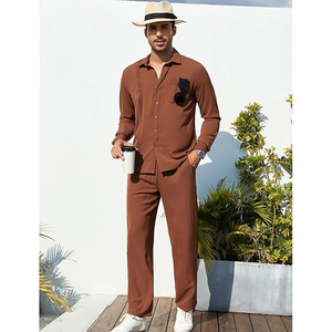 Full Sleeve Button <b>Down</b> Shirt Loose <b>Pants</b> 2 Piece Set High Quality Long Sleeve Beach Wear Outfits Yoga Casual With Pocket Men's - Product Image 4