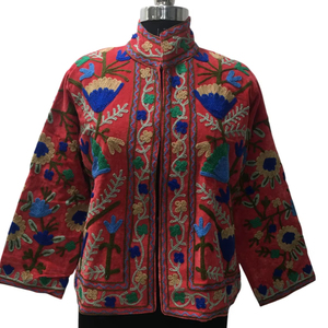 Chaqueta de terciopelo bordada Suzani Multicolor hecha a mano para mujer, chaqueta de mujer artesanal con diseño Floral transpirable - Product Image 1