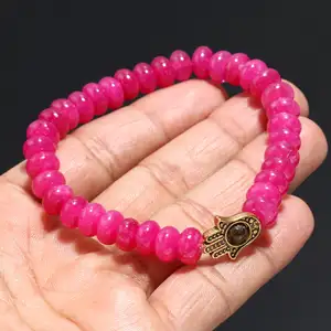 Beautiful Vibrant Hot Pink Chalcedony Quartz Bracelet For Everyday Pink Gemstone Bracelet Hamsa Bracelet For Healing/Protection