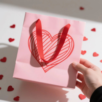Sacs cadeaux VT29 Valentine, sacs cadeaux en papier rose avec cœur rouge et poignée en corde pour cadeaux d'amour