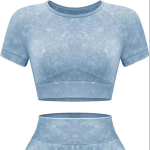 ชุดออกกำลังกาย2ชิ้นสำหรับผู้หญิงชุดเล่นโยคะล้างกรดและเสื้อครอปเข้ากันกับกางเกงขาสั้น - Product Image 2