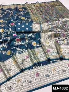 Vêtement traditionnel indien Saree en soie Banarasi doux fantaisie avec tissage Zari Meenakari Saree de mariage avec pièce de chemisier de tissage - Product Image 5