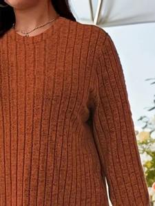 เสื้อเจอร์ซีย์แฟชั่นสำหรับผู้หญิงแขนยาวคอกลมเสื้อมีร่องระบายลำลองระบายอากาศสีพื้น - Product Image 4